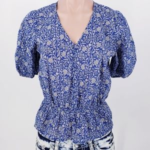 Banana Republic Blue Cream Blouse Puff Sleeve